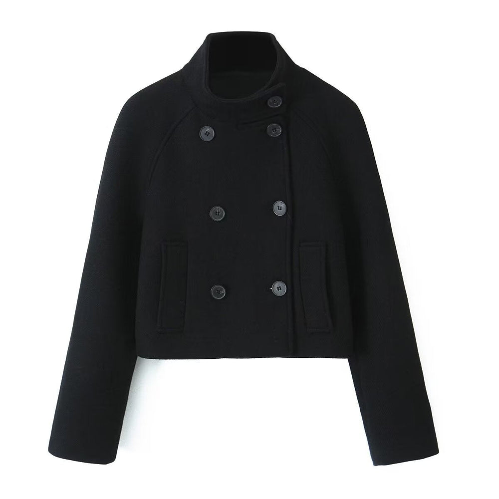 Autumn Winter Women Clothing Stand Collar Double Breasted Short Wool Woolen Coat Solid Color Office Warm Top
